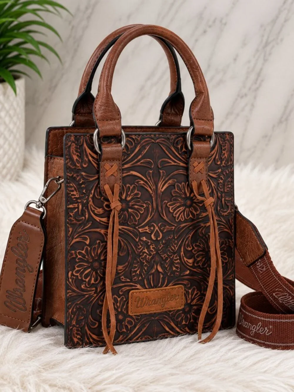 Wrangler Brown Tooled Western Crossbody Tote Bag